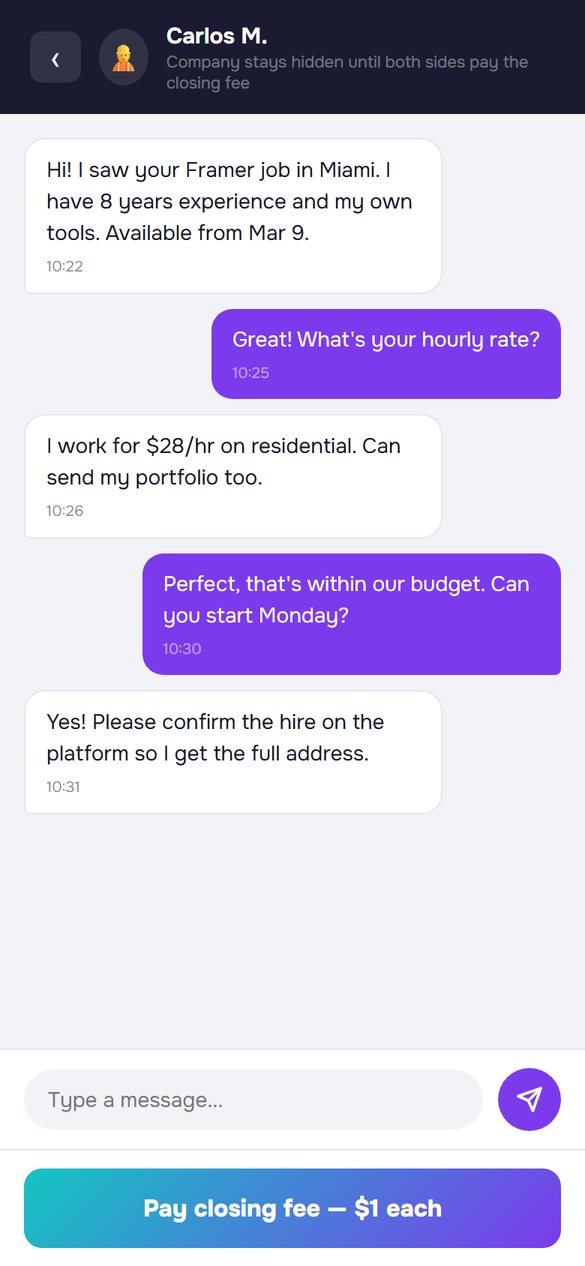 Chat entre empresa e trabalhador com a contratação confirmada