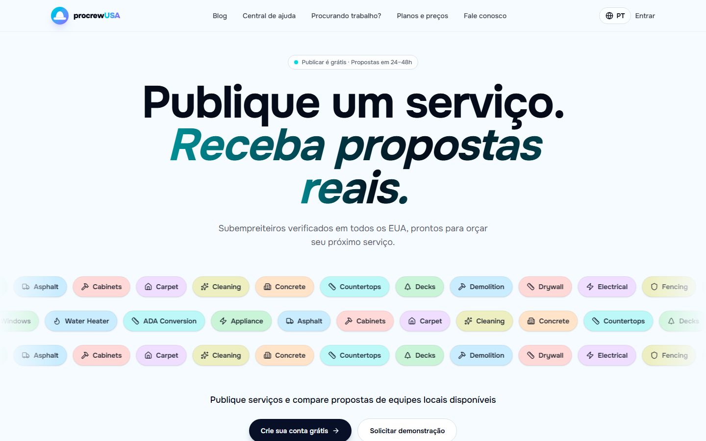 Site procrewUSA no ar: Publique um serviço, receba propostas reais