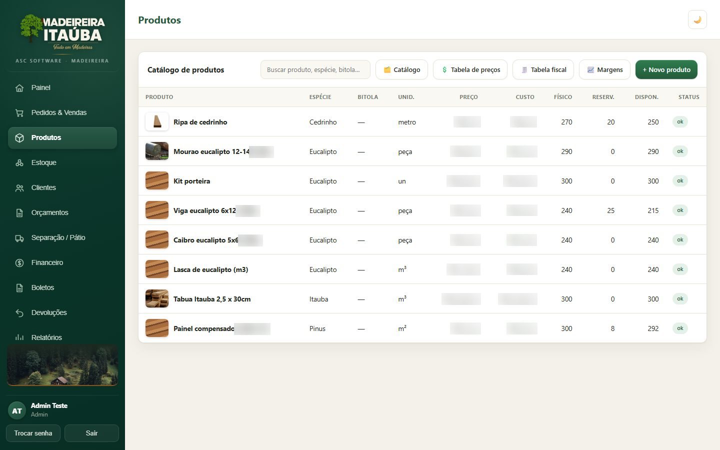 Catálogo de produtos do ERP da madeireira com mourão, viga, caibro e lasca de eucalipto